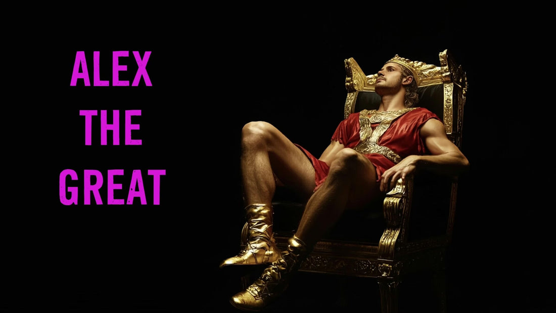 Alex the Great seated on a golden throne wearing royal armor and a crown.