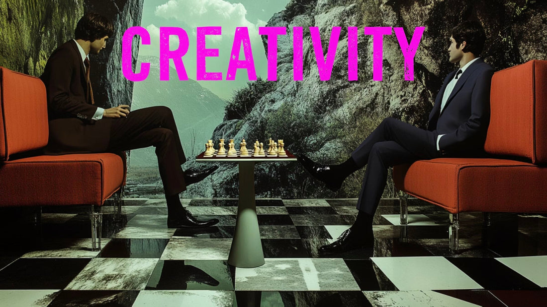 Two businessmen playing chess in a creative setting with the word Creativity displayed above