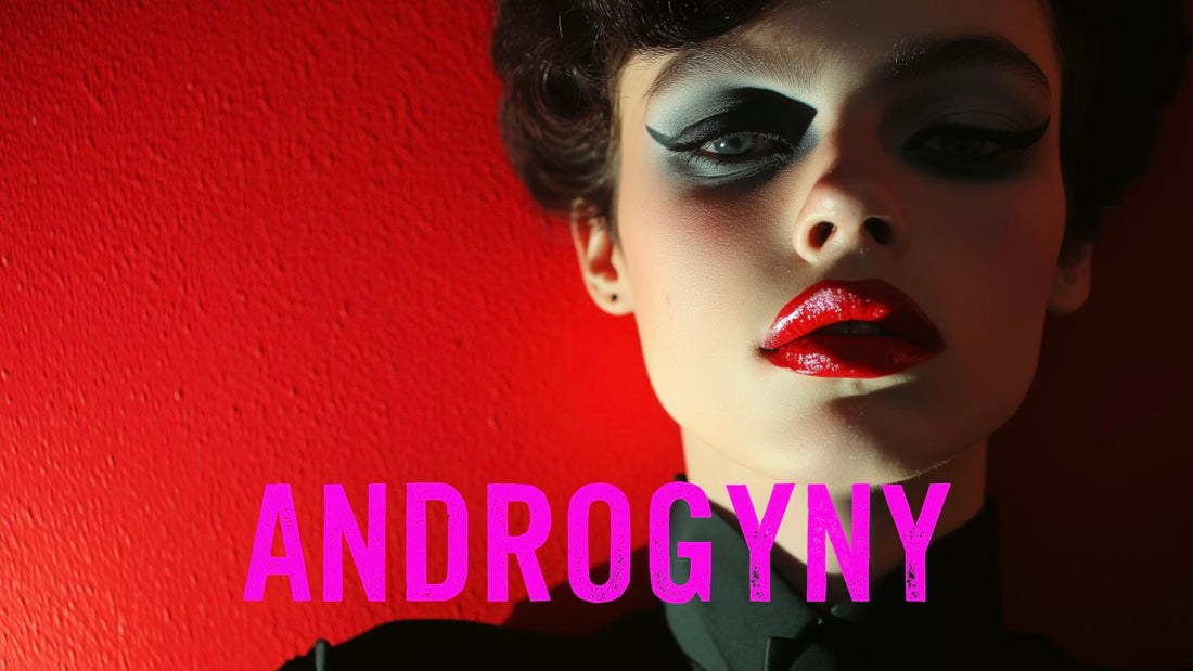 Androgynous fashion portrait with dramatic makeup against a red background